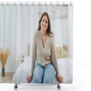 Personality  Smiling Woman With Overweight Sitting On Bed At Home  Shower Curtains