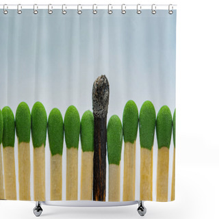 Personality  Burned Out Black Match In Between Row Of Green Wooden Matches. Shower Curtains