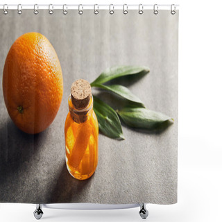 Personality  Whole Ripe Orange And Bottle With Essential Oil On Dark Surface Shower Curtains