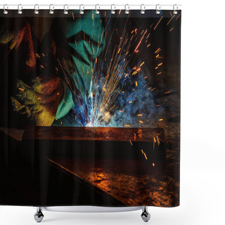 Personality  Cropped Image Of Manufacture Worker Welding Metal With Sparks At Factory  Shower Curtains