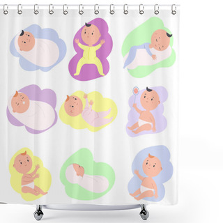 Personality  Toddlers Set. Cartoon Baby In Different Positions. Newborn Child, Little Kid Sleep, Sit, Play. Vector Collection Of Clip Art Shower Curtains