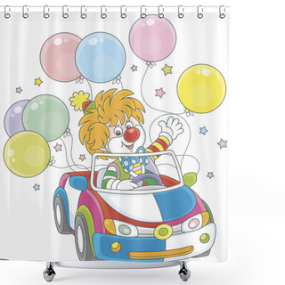 Personality  Funny Ginger Clown Driving His Car With Colorful Balloons, Vector Illustration In A Cartoon Style Shower Curtains