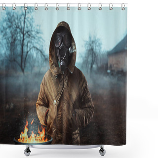 Personality  Stalker Soldier In Gas Mask Near Fireplace, Survivor Man After Nuclear War. Post Apocalyptic Lifestyle Shower Curtains