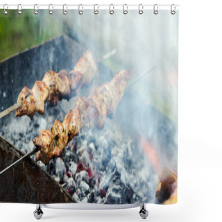 Personality   Barbecue Meat BBQ Brazier Green Background Shower Curtains