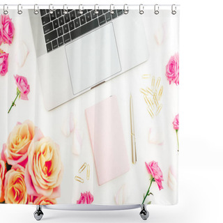 Personality  Laptop, Dairy, Roses Flowers, Marshmallows And Accessories On White Background. Flat Lay. Top View. Freelancer Office Concept Shower Curtains