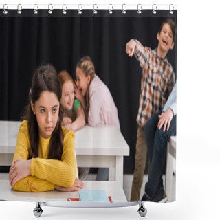 Personality  Selective Focus Of Upset Schoolgirl Near Classmates Gossiping While Schoolboy Pointing With Finger Isolated On Black, Bullying Concept  Shower Curtains