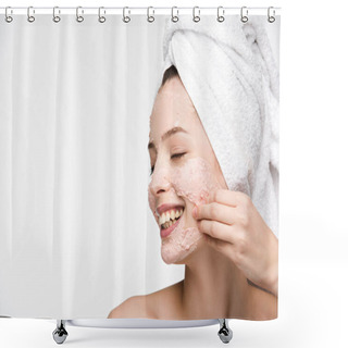 Personality  Smiling Girl With Closed Eyes Removing Peeling Mask From Face Isolated On White Shower Curtains