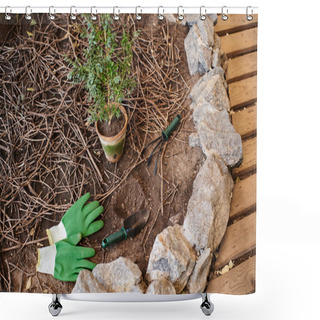 Personality  Transplanting Plant Concept, Potted Plant And Gardening Tools On Ground In Greenhouse Shower Curtains