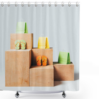 Personality  Colored Shopping Bags And Flip Flops On Wooden Stands, Summer Sale Concept Shower Curtains