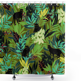 Personality  Vector Seamless Graphical Bold Tropical Pattern With Black Puma Cat. Wild Animals In Lush Foliage With Orchid Flowers. Shower Curtains