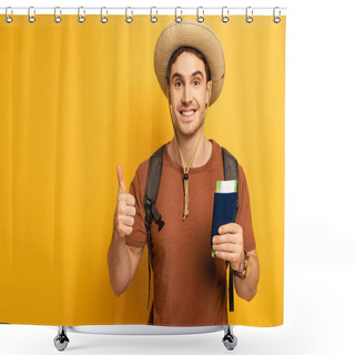Personality  Cheerful Tourist In Hat With Backpack Holding Passport And Ticket While Showing Thumb Up On Yellow Shower Curtains
