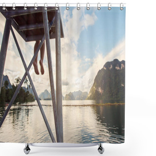 Personality  Female Feet Sitting On The Pier  Shower Curtains