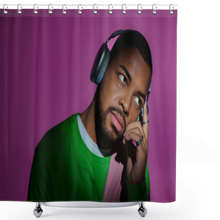 Personality  Thoughtful Stylish Man With Rings And Headphones Looking Up On Purple Backdrop, Fashion Concept Shower Curtains