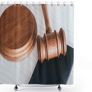 Personality  Close Up Of Wooden Gavel Near Passport On Table Shower Curtains