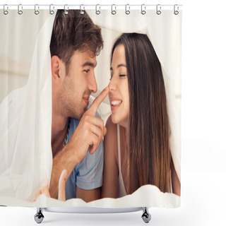 Personality  Man Touching Finger Of  Nose Woman  Shower Curtains