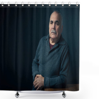 Personality  Serious Middle Aged Man Leaning On Table Shower Curtains