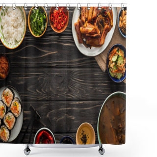 Personality  Top View Of Korean Traditional And Spicy Dishes Near Chopsticks And Cotton Napkin On Wooden Surface  Shower Curtains