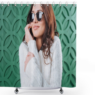 Personality   Woman In Sweater And Sunglasses Talking By Smartphone Shower Curtains