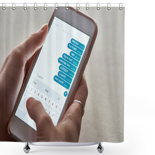 Personality  Cropped View Of Abuser Sending Offensive Messages While Using Smartphone, Illustrative Editorial Shower Curtains