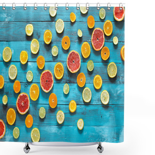 Personality  Fruit Background. Colorful Fresh Fruits On Blue Wooden Table. Flat Lay Shower Curtains