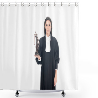 Personality  Judge In Judicial Robe Holding Themis Figurine Isolated On White Shower Curtains
