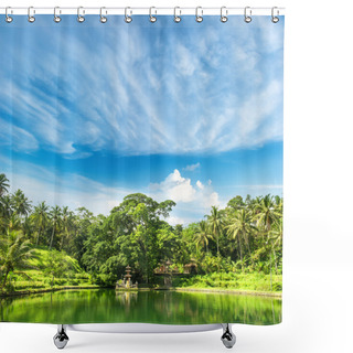 Personality  Paradise Lake With Palm Trees And Blue Sky. Tropical Nature Land Shower Curtains