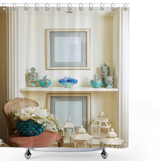 Personality  Interior Of Room With Chair, Picture Frames, Bouquets And Set On Shelf  Shower Curtains