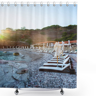 Personality  Empty Sun Loungers On Beach Of Adriatic Sea With Sunlight In Budva, Montenegro Shower Curtains