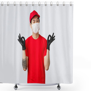 Personality  Keep Calm And Rely On Our Deliver Company. Cheerful Relaxed Asian Delivery Guy In Red Cap And T-shirt, Show Zen, Nirvana Gesture And Wink, Assure Your Package Safe. Courier Stay Peaceful Shower Curtains