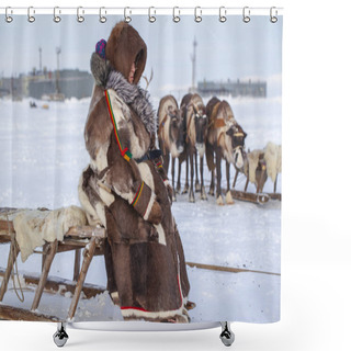 Personality  Nadym, Russia - February 23, 2020: Far North, Yamal Peninsula, Reindeer Herder's Day, Local Residents In National Clothes Of Nenets Shower Curtains