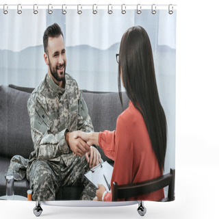 Personality  Smiling Soldier Shaking Hand Of Psychiatrist During Therapy Session Shower Curtains