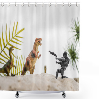 Personality  Selective Focus Of Plastic Toy Soldier Aiming With Gun At Toy Dinosaur On Sand Dune With Tropical Leaves Shower Curtains
