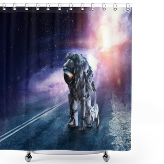 Personality  Astronaut Starting To Run. Mixed Media Shower Curtains