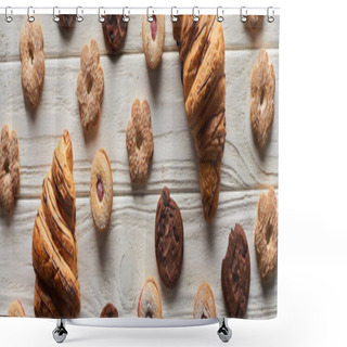 Personality  Top View Of Sweet Cookies And Croissants On White Wooden Table, Panoramic Shot Shower Curtains