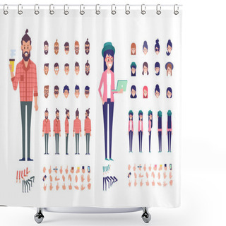 Personality  Front, Side, Back, 3/4 View Animated Characters. Young People Creation Set With Various Views, Hairstyles And Gestures. Cartoon Style, Flat Vector Illustration. Shower Curtains