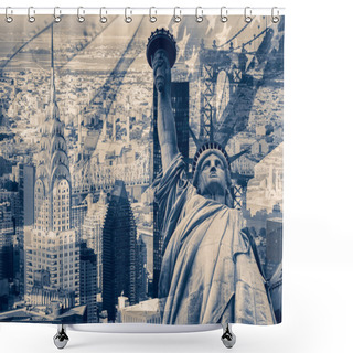 Personality  Collage Containing Several New York Landmarks Shower Curtains