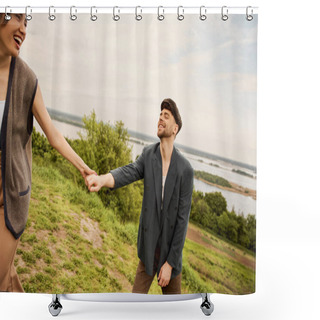 Personality  Cheerful And Stylish Woman In Vest Holding Hand Of Bearded Boyfriend In Newsboy Cap And Jeans With Scenic Nature And Overcast Sky At Background, Fashion-forwards In Countryside Shower Curtains