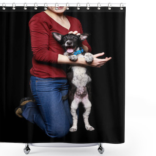 Personality  Cropped View Of Woman In Jeans And Red Sweater With Dog In Collar On Hind Legs Isolated On Black Shower Curtains