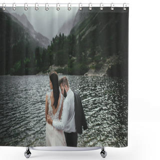 Personality  Happy Newlyweds On Coast Of Mountain Lake  Shower Curtains