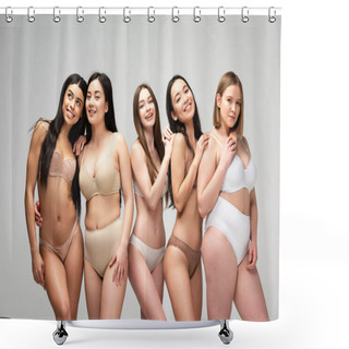 Personality  Five Smiling Pretty Multicultural Girls Isolated On Grey, Body Positivity Concept Shower Curtains