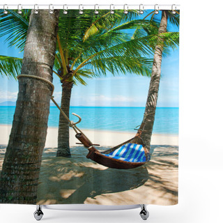 Personality  Empty Hammock Between Palms Trees At Sandy Beach Shower Curtains