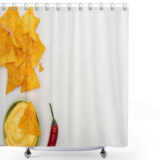 Personality  Top View Of Corn Nachos With Chili And Cheese Sauce On Wooden Cutting Board On White Background Shower Curtains