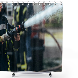 Personality  Partial View Of Firefighter With Water Hose Extinguishing Fire On Street Shower Curtains