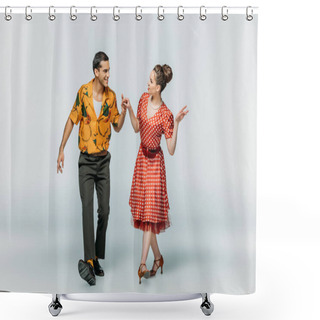 Personality  Young Dancers Looking At Each Other While Dancing Boogie-woogie On Grey Background Shower Curtains