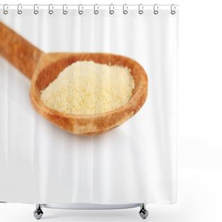 Personality  Gelatin In A Wooden Spoon On White Background Close-up Shower Curtains