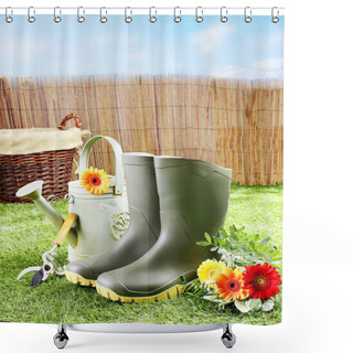 Personality  Gardener Tools And Equipment Like Rubber Boots, A Watering Can, Pruning Shears And A Wicker Basket On A Green Lawn And Among Flowers On A Bright Sunny Day Shower Curtains