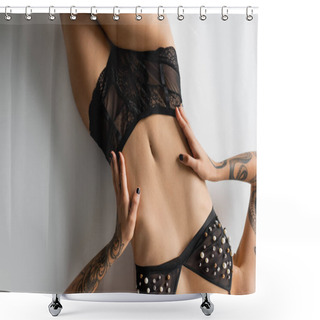 Personality  Cropped View Of Young And Tattooed Woman In Black Bra With Pearl Beads And Lace Panties Touching Sexy Body While Laying On Grey Background, Erotic Photography, Top View Shower Curtains