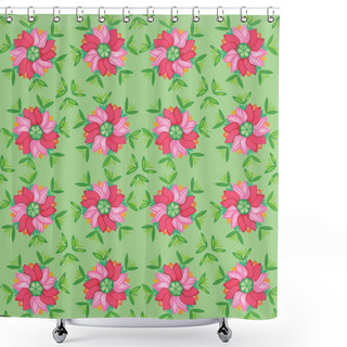Personality  Vector, Seamless Geometric Pattern Of Mandala Composition Dark Pink Tulip And Green Leaves On Green Background. Two Directional Pattern For Bright Details On Your Summer Design Projects. Simple Shower Curtains