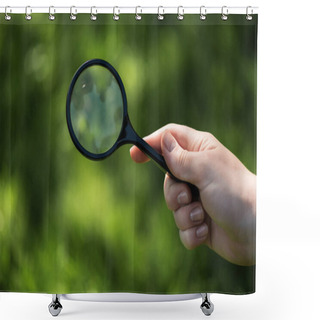 Personality  Partial View Of Woman With Magnifying Glass In Hand On Green Blurred Backdrop Shower Curtains