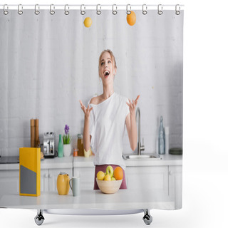 Personality  Excited Young Woman Juggling With Fresh Fruits While Standing Near Teapot And Cup Shower Curtains